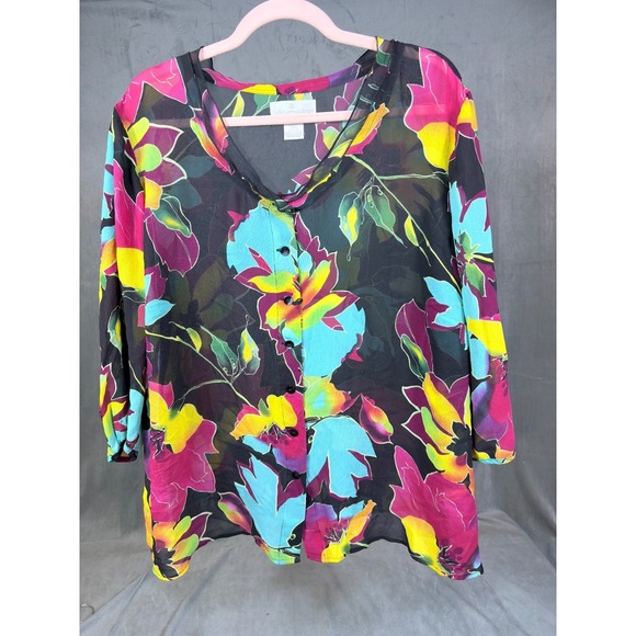 Soft Surroundings Tops - Soft Surroundings 3X Black Semi Sheer Tropical 3/4 Sleeve 100% Silk Blouse